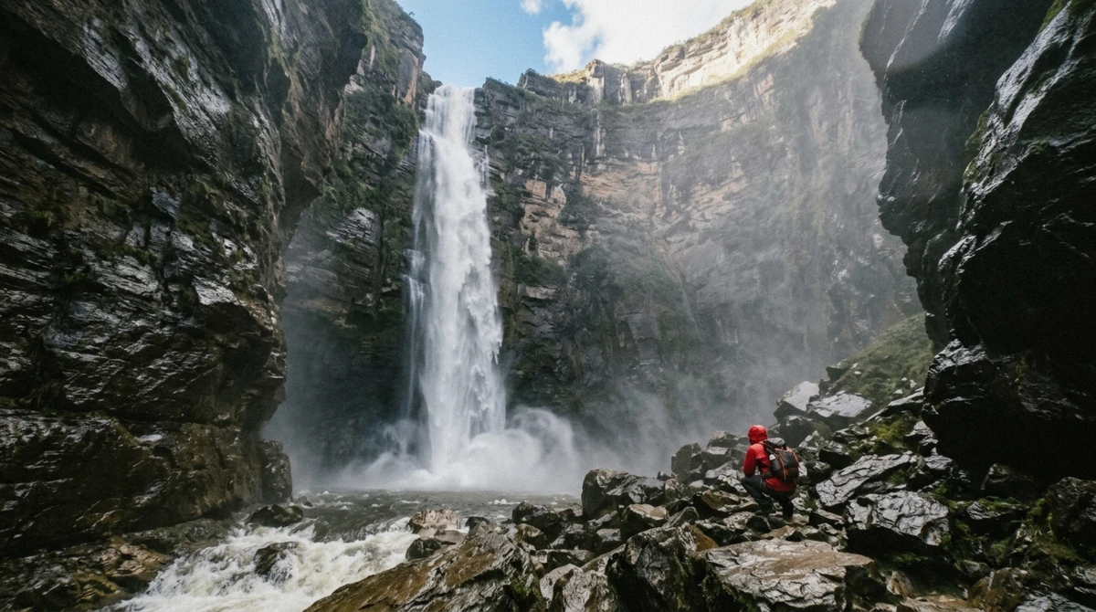 Looking up the 540-metre lower tier from the plunge pool, the taller half of Gocta waterfall's 771 metres, Peru
